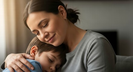Mom's Tender Embrace: A serene moment captured as a mother tenderly cradles her sleeping child, embodying the warmth of maternal affection.