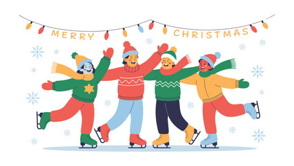 Ice Skating Christmas: Friends create memorable moments, skating on a pristine ice rink. Decorated with festive lights and the spirit of the season, It's capturing the joy and togetherness of winter.