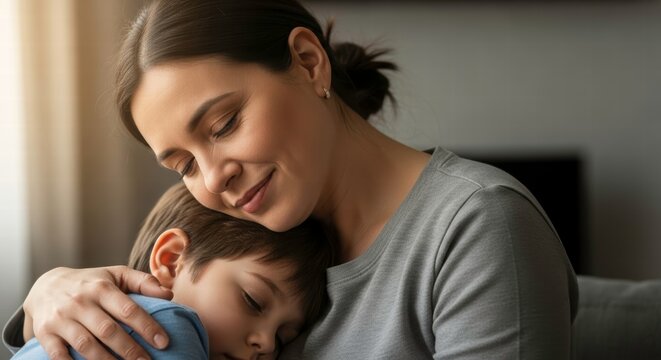 Mom's Tender Embrace: A serene moment captured as a mother tenderly cradles her sleeping child, embodying the warmth of maternal affection.