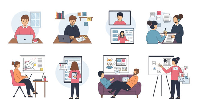 Diverse Vector Illustrations of People Working, Collaborating, and Communicating Digitally