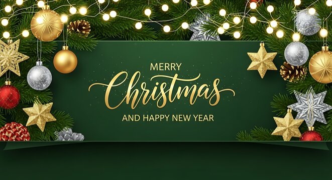 Christmas background with gold ornaments and merry christmas and happy new year message on green board for holiday season