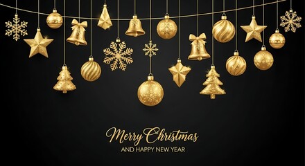 Elegant merry christmas and happy new year decoration with golden ornaments hanging on a black background for festive season