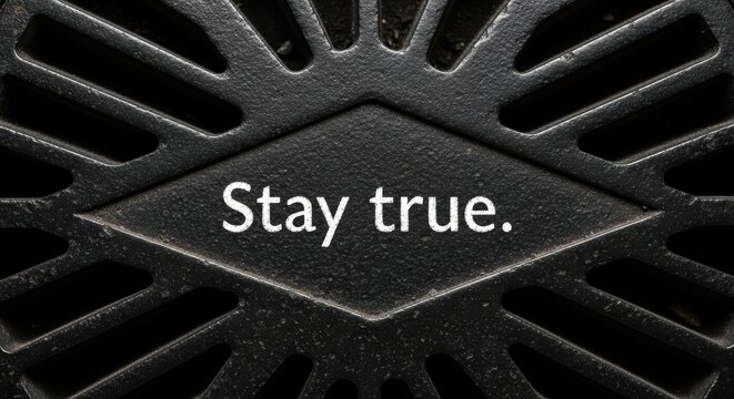 Metal grate with inspiring stay true message in white text - Powered by Adobe