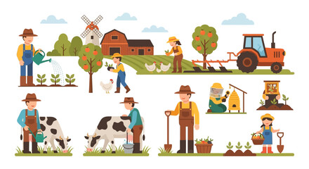 Farmers Working on a Farm with Various Agricultural Activities