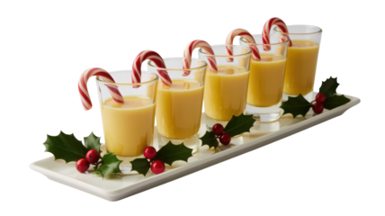 Festive holiday eggnog shots garnished with candy canes and holly berries arranged on a white platter isolated on transparent background
