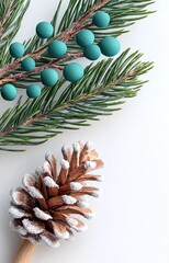 Festive pine branch with turquoise berries and frosted pinecone evokes winter holiday cheer