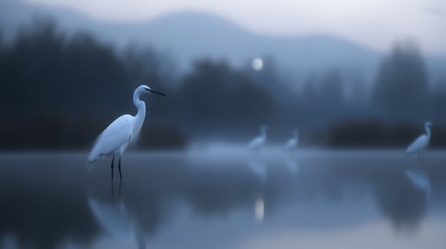 Majestic white herons reflected in calm water at dusk. A tranquil scene featuring a serene landscape with a soft, misty background, capturing the essence of peacefulness.