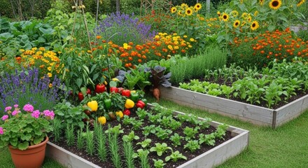 Vibrant Garden: A colorful garden bed flourishing with various flowers and vegetables, showcasing the beauty of a thriving ecosystem.