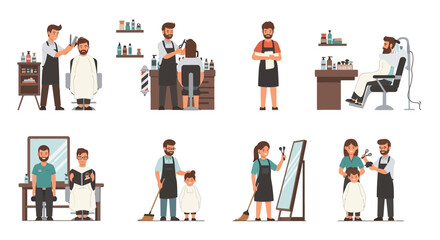 Flat design barbershop and hair salon scenes, cartoon characters getting haircuts, washing hair, and waiting, professional grooming services.