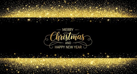 Elegant merry christmas and happy new year golden glitter frame on black background for festive greeting card design template