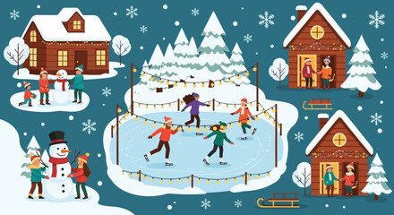 Festive winter village scene with people ice skating and building snowmen, surrounded by snow-covered houses and trees, flat illustration style.