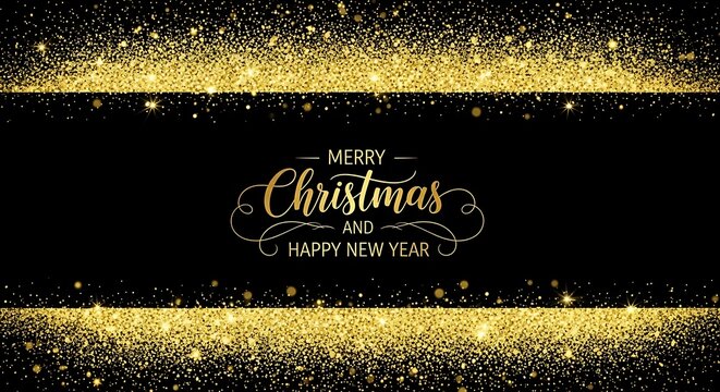 Elegant merry christmas and happy new year golden glitter frame on black background for festive greeting card design template - Powered by Adobe