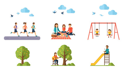 Flat design illustrations of people enjoying various outdoor activities and nature scenes
