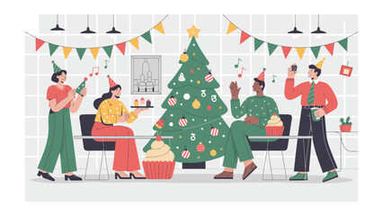Festive Gathering: A lively office Christmas party featuring colleagues in celebratory mood, complete with festive decorations, cake, and camaraderie.
