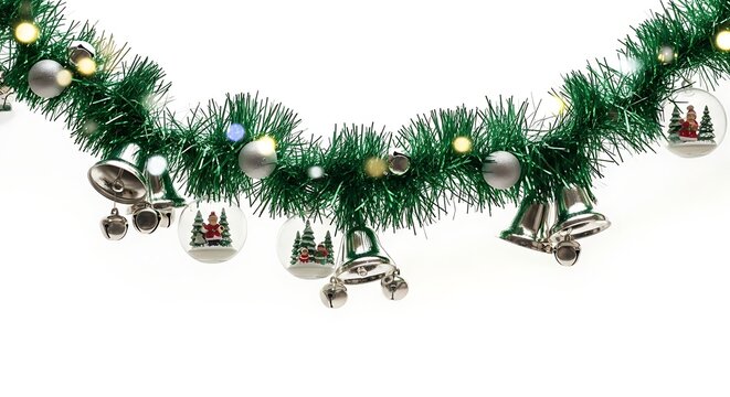 Festive christmas garland with bells and ornaments for holiday decoration