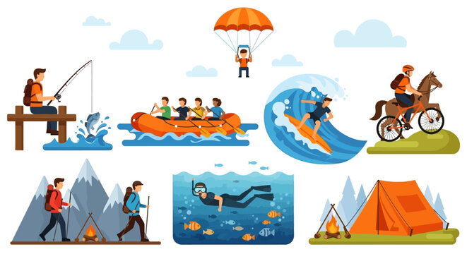 Flat design outdoor adventure activities collection: fishing, rafting, surfing, hiking, camping, diving, cycling, paragliding illustrations.