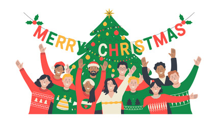 Joyful Christmas Celebration: A diverse group of people gather, celebrating the spirit of Christmas, the air is filled with joy, and the feeling of togetherness shines through.
