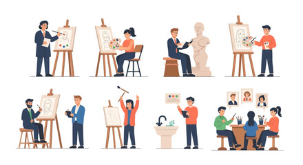 Flat Design Vector Illustrations of Diverse Artists Painting, Drawing, and Sculpting Creative Art Activities