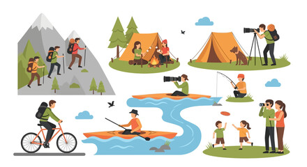 Flat design vector illustrations of diverse people enjoying outdoor adventure activities like hiking, camping, cycling, and kayaking.