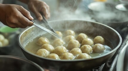 Steaming dumplings in a pan
