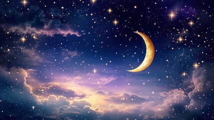 Starry night sky with crescent moon