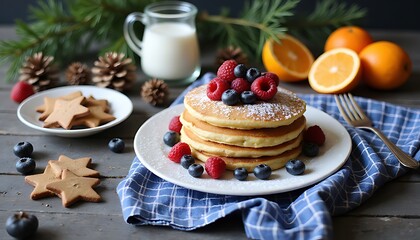 Delicious pancakes with fresh berries and powdered sugar for a festive breakfast