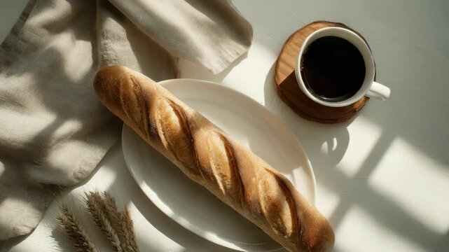 Freshly baked bread and coffee on a wooden table in the morning light