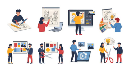 Flat Vector Illustration of Graphic Designers Collaborating on Creative Projects, Digital Art, and Ideas