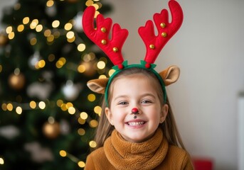 A happy young girl wearing reindeer antlers and a red nose smiles in front of a blurred christmas tree with glowing lights, embodying the festive spirit of the holiday season