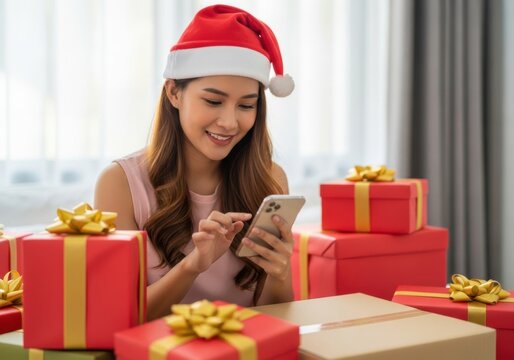Young asian woman wearing a santa hat, smiling and using her smartphone while surrounded by many red gift boxes, celebrating christmas and the holiday season with presents and technology