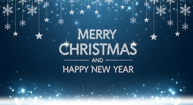 Merry christmas and happy new year background with sparkling snowflakes and stars on a dark blue gradient background
