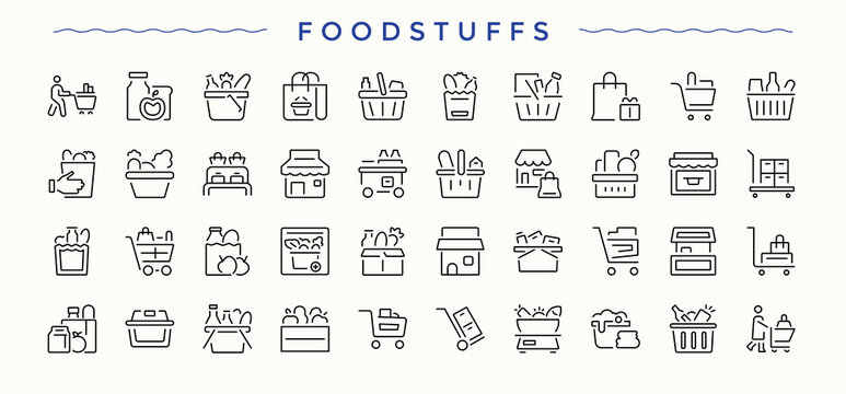 Foodstuffs icon set. Bakery and Bakery Shop vector line icon set. Pictograms of cake, shop, bake, baker, cafe, baking, restaurant and more.