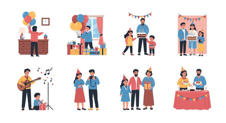 Flat vector illustrations of people celebrating birthdays, featuring cakes, balloons, gifts, and music