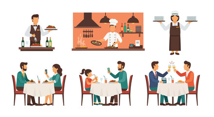 Flat vector illustrations of restaurant staff, chefs, waiters, and diverse customers dining.