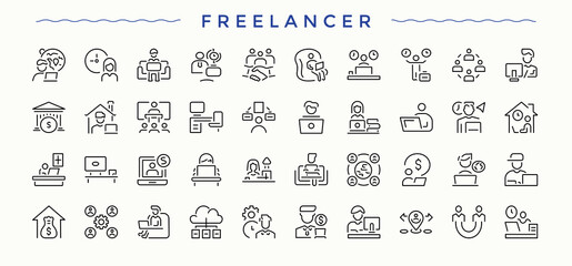 Freelancer icon set. Remote Working icon set. Minimalist icons collection. Contain linear symbols work, remote, freelancing, outsourcing, freelance and more. Pixel perfect. Editable stroke.