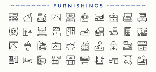 Furnishings icon set. Dining icon set. Included decor, dining, bed, interior, sofa, living, bathroom and more. Editable stroke. Pixel Perfect.