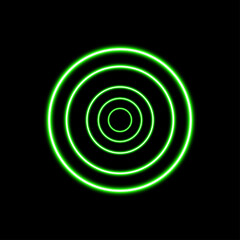 Green Glowing Concentric Circles on Black, Circular Neon Sign Template