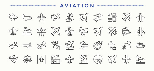Aviation icon pack. Outline icons in linear style. Jet icon set. Includes symbols for travel, transportation, transport, flight, fly, jet and more.