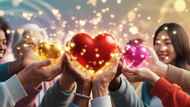 Charity concept illustration featuring raised hands and hearts, symbolizing community compassion, love, social support, and collective humanitarian efforts for helping others