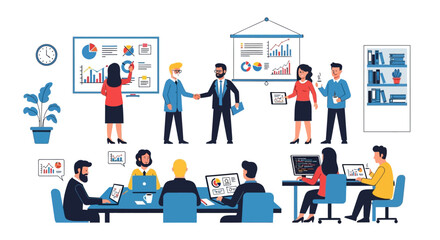 Illustrated business people in various poses: presenting, shaking hands, working on laptops, and discussing, depicting office collaboration.