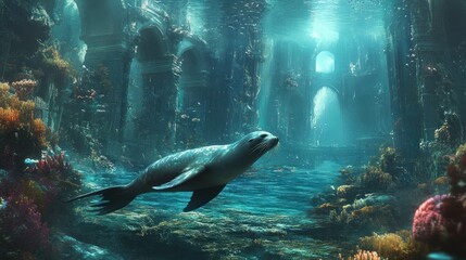 Submerged ancient ruins, sea lion swims through vibrant coral reef