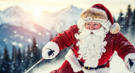 Santa Claus skiing in snowy mountains — ideal for Christmas, holiday and winter sports content.