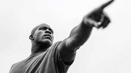 Strong, determined black man points upward with confidence.