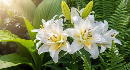 Fragrant Lily Blossoms: Delicate white lilies with vibrant yellow centers bloom, their petals gracefully unfurling. The surrounding lush greenery, bathed in soft sunlight.