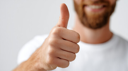 Close up of a man giving thumbs up with a blurred background as symbol of positivity and approval.