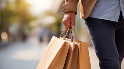 Close up on a man carrying shopping bags in the city, enjoying warm sunlight.