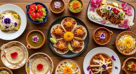 Fiesta of Flavors: An overhead shot showcases a vibrant array of culinary delights, adorned with colorful flowers and meticulous detail. From tacos to delectable side dishes.