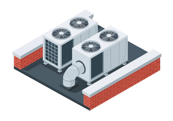 An isometric illustration shows two large HVAC condenser units with fans and ductwork installed on a building's flat rooftop, enclosed by a red brick parapet wall