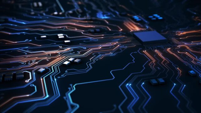 Futuristic High Performance AI Translucent Processor Connecting with Socket and Motherboard. Next Generation Microchip Activating GPU Chip in Blue Neon Light. Powering System. High Performance