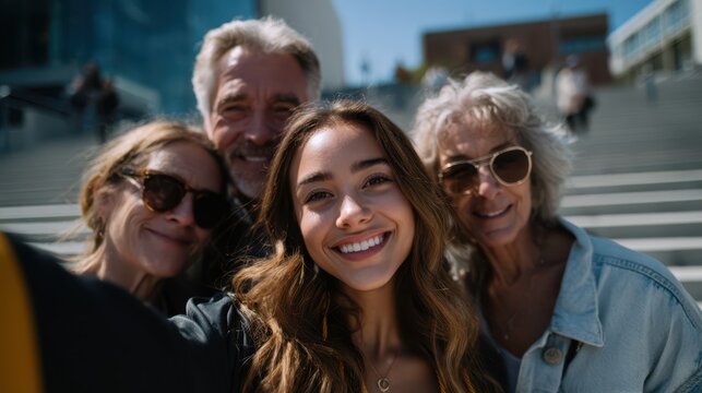 Happy young woman taking selfie with her family on sunny day, smiling together on city steps, multigenerational group portrait capturing joyful travel moment